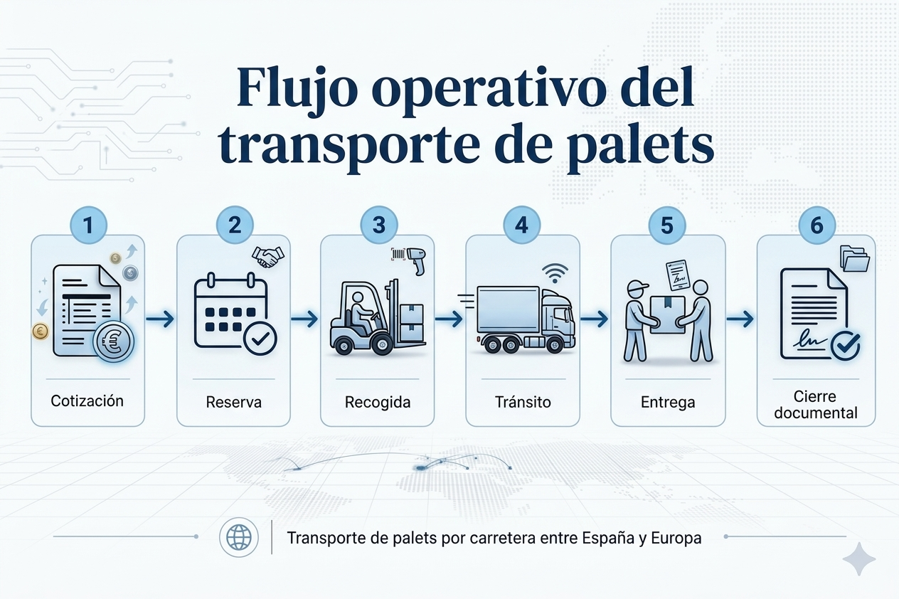 Flujo operativo del transporte de palets: cotización, reserva, recogida, tránsito, entrega y cierre documental